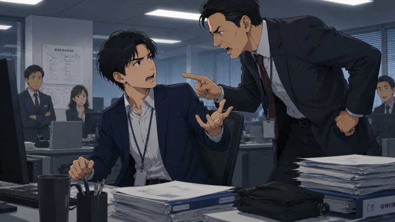 大企業の冷たいオフィスで、32歳の男性SEが高圧的な上司に詰め寄られ、周囲の同僚が見て見ぬふりをする中、人間関係のストレスと転職決意のきっかけを表すイラスト。