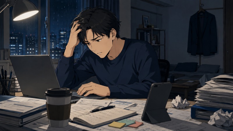 雨の東京を望む深夜の一人暮らしの部屋で、32歳の男性SEが履歴書や企業研究メモに囲まれながら50社への転職活動に苦悩し、不安と焦りの中で求人応募を続けるイラスト。