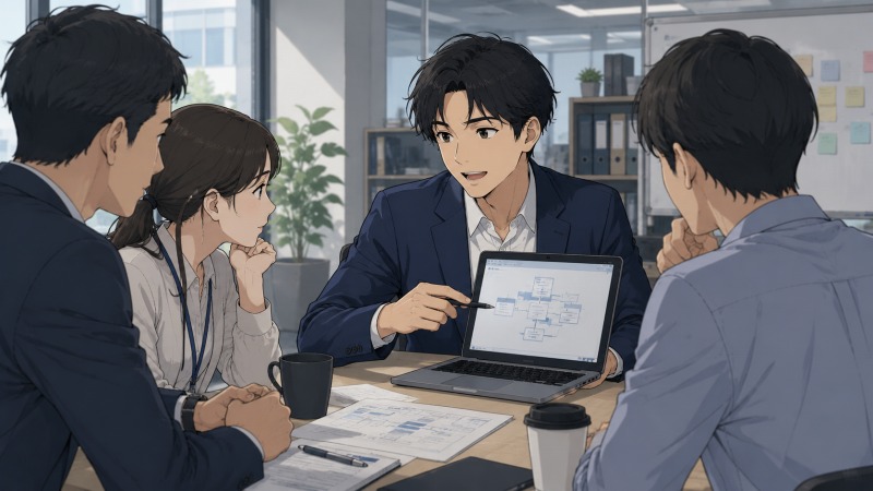 新しいIT企業の明るい会議室で、32歳の男性SEが同僚にシステム構成を説明し、転職後に少しずつ人間関係を築きながら信頼されていく様子を描いたイラスト。