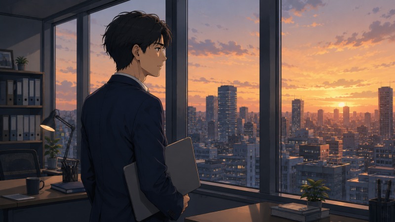 夕暮れのオフィスで、32歳の男性SEが東京の街並みを見つめながら、50社応募の転職活動で知った自分の現在地と成長の余地を受け入れ、未来へ進もうとする姿を描いたイラスト。