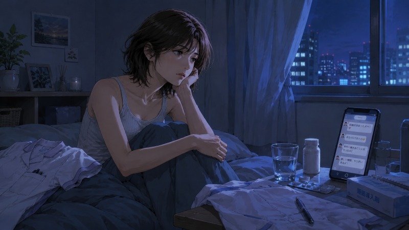 不眠に悩む女性看護師が、深夜のワンルームで窓の外を見つめながら将来への不安を抱えているシーン。脱ぎかけのナース服や睡眠薬、同僚の結婚報告メッセージが映るスマホが置かれ、30代で仕事への違和感と感情マヒを感じ始めた転職前夜を描いたイラスト。