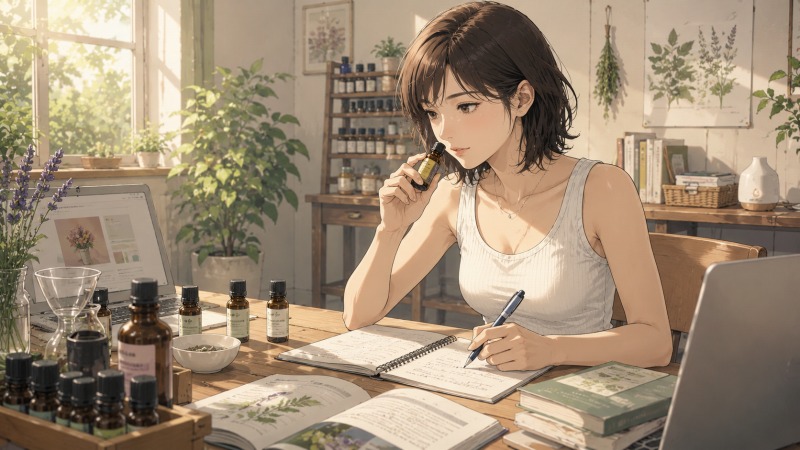 アロマテラピー資格取得を目指して勉強する女性の転職準備シーン。自然光の入る部屋で、花柄ワンピース姿の女性が精油の香りを確認しながらノートに学習内容を書き込んでいる。看護師からフリーランスへの転職を目指し、新しいスキル習得に挑戦している様子を描いたイラスト。