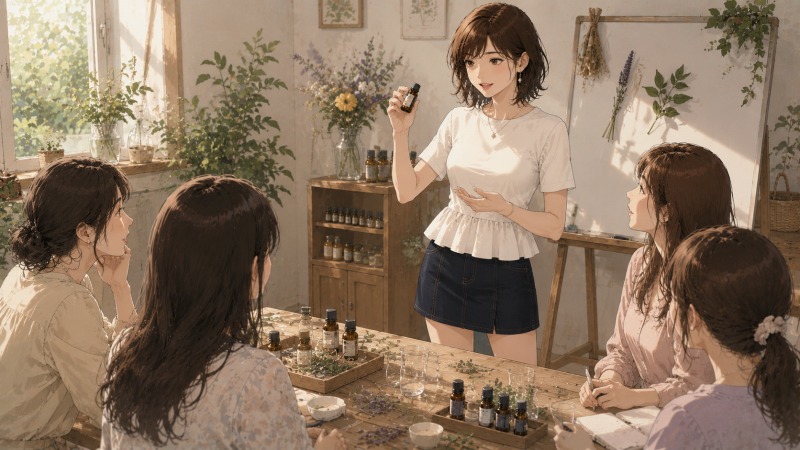 アロマワークショップを開く女性フリーランサーのシーン。白いトップスとデニムスカート姿の女性が、少人数の受講生にアロマオイルの使い方を笑顔で説明している。自然光が差し込むカフェ風空間で、人とのつながりや新しい働き方に喜びを感じている転職後の様子を描いたイラスト。