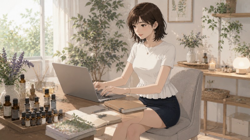 自宅兼作業部屋でライターとして働く女性フリーランサーのシーン。アロマ用品や植物に囲まれた明るい部屋で、白いトップスとデニムスカート姿の女性がノートPCに向かい、収入は減っても自分らしい働き方に充実感を覚えている様子を描いたイラスト。