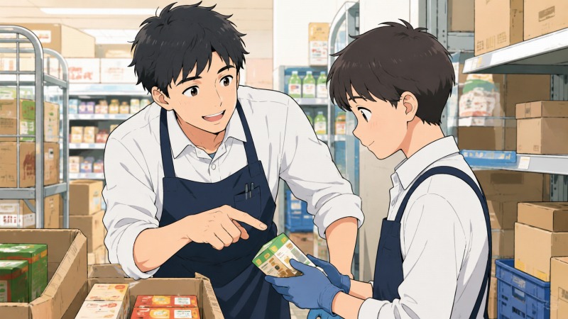 スーパーのバックヤードで、若い男性店員が新人アルバイトに笑顔で品出しを教えている場面。販売職へのやりがい、人に優しく教える姿勢、転職体験談の原点を表したイラスト。