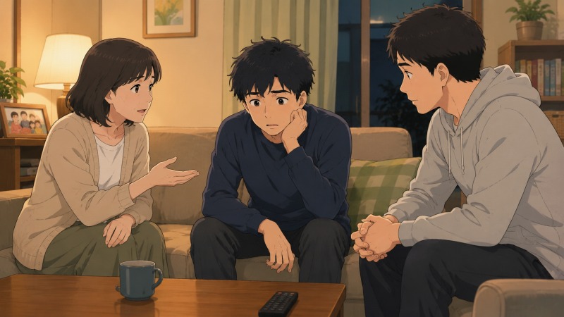 夜のリビングで、疲れた表情の若い男性に母親と兄が転職を勧めている場面。仕事のストレスに限界を感じる中、家族の支えによって新しい道を考え始める転職体験談のシーン。
