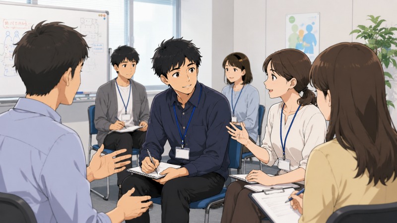 ハローワークのセミナールームで、若い男性がグループワークに参加し、他の参加者と意見交換をしている場面。転職活動を通じて自己理解やコミュニケーションを学び、新たな価値観に触れているシーン。