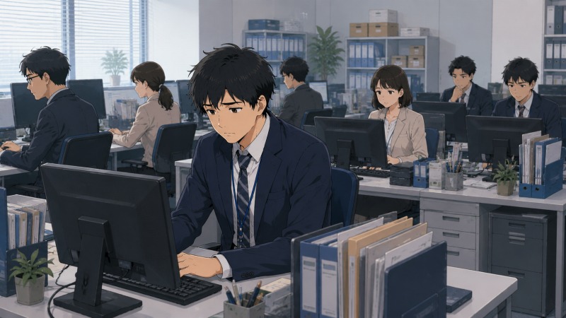 商社の執務スペースで、若い営業社員が周囲から距離を置かれながらPC作業をしている場面。社員たちは各自のデスクで働き、副社長が冷たい表情で見守る中、中途転職後の孤立と職場ストレスを表現したシーン。