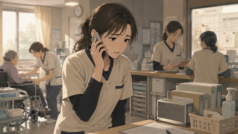 介護施設のバックヤードで、介護士の女性が保育園からの電話を受け、不安そうな表情で立ち尽くすイラスト。子どもの発熱と仕事の忙しさの間で悩み、育児と仕事の両立に限界を感じ始めた瞬間。