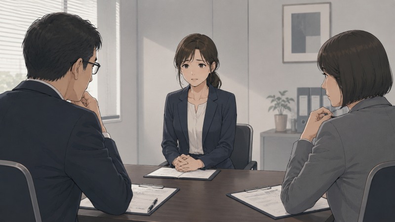 転職面接の会議室で、子育て中の女性が緊張した表情で面接官と向き合うイラスト。介護士から経理職への転職活動中に、育児とキャリアの両立に対する社会的な厳しさを感じている場面。
