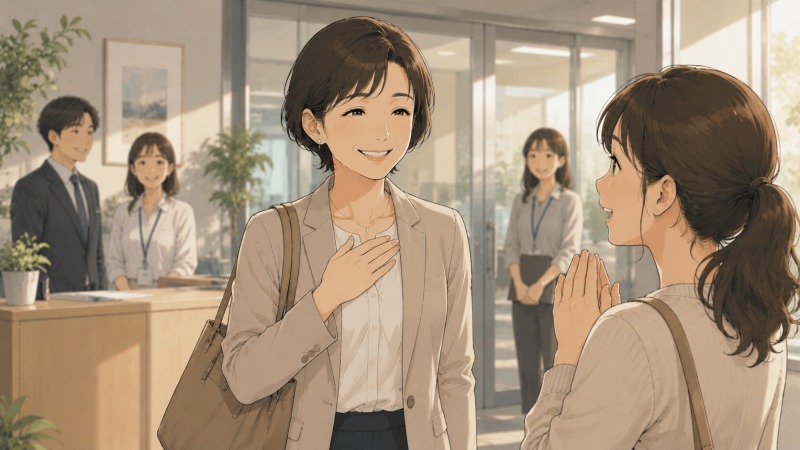 オフィス入口で、優しい笑顔の女性上司に感謝を伝える主人公のイラスト。保育園からの連絡で早退する主人公を、理解ある上司が温かく送り出し、子育てに配慮のある職場環境を表現している。