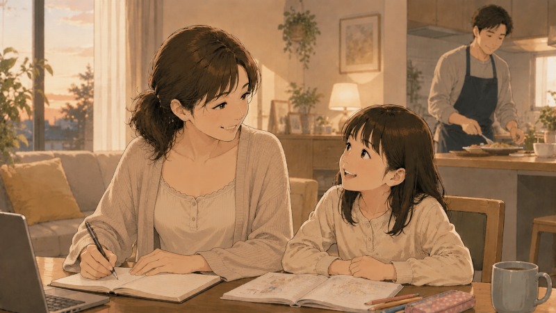 夕暮れの自宅リビングで、おしゃれな部屋着姿の母親が子どもの勉強を見守り、奥で夫が夕食を準備しているイラスト。転職によって仕事と家庭を両立できるようになり、穏やかな家族時間を過ごしている場面。