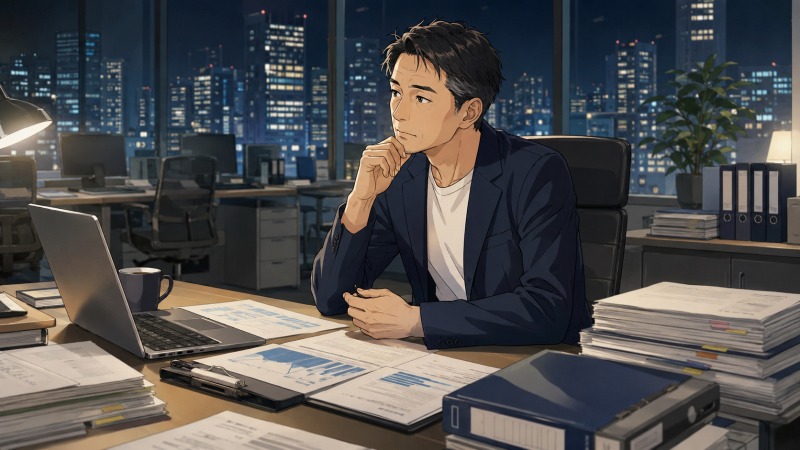 夜の東京を見下ろすベンチャー企業のオフィスで、40代男性の人事・経営企画役員が資料とノートPCに囲まれながら、会社を守る責任と自身のキャリアへの迷いを抱えて静かに考え込んでいるイラスト。