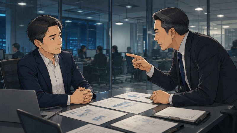 ガラス張りの会議室で、親会社から来た役員に厳しく詰め寄られ、40代男性の管理部門役員が閉塞感とキャリア不安を感じながらミーティングに臨んでいるイラスト。