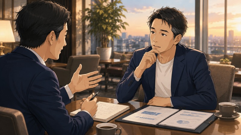 夕暮れのホテルラウンジで、40代男性がヘッドハンターから転職アドバイスを受け、自分に本当に合う働き方や組織への想いに気づいていく場面のイラスト。