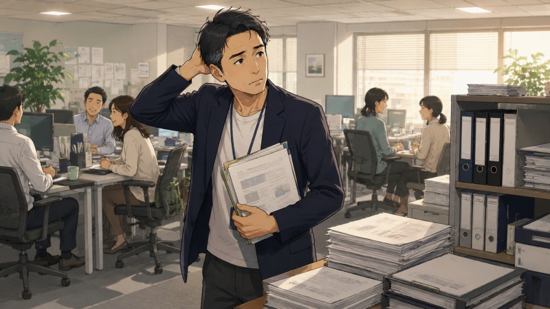 紙書類が積み上がる穏やかなオフィスで、40代男性の監査役がワークフロー電子化を進めながら、安定企業ならではの遅い意思決定と仕事のスピード感の違いに戸惑っているイラスト。