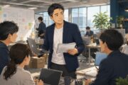 活気あるITスタートアップのオフィスで、40代男性CFOが若い社員たちと議論しながら、経理・総務・事業戦略まで幅広く動き、自ら挑戦する働き方を実践しているイラスト。