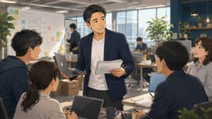 活気あるITスタートアップのオフィスで、40代男性CFOが若い社員たちと議論しながら、経理・総務・事業戦略まで幅広く動き、自ら挑戦する働き方を実践しているイラスト。