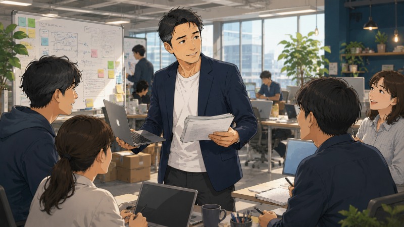 活気あるITスタートアップのオフィスで、40代男性CFOが若い社員たちと議論しながら、経理・総務・事業戦略まで幅広く動き、自ら挑戦する働き方を実践しているイラスト。