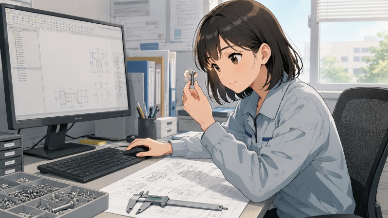 精密部品メーカーの設計室で、20代女性のネジ設計士がCAD画面を確認しながら極小ネジを手に取り、ものづくりへのやりがいを感じている様子。未経験ではない技術職として働いていた転職前の姿を描いたイラスト。