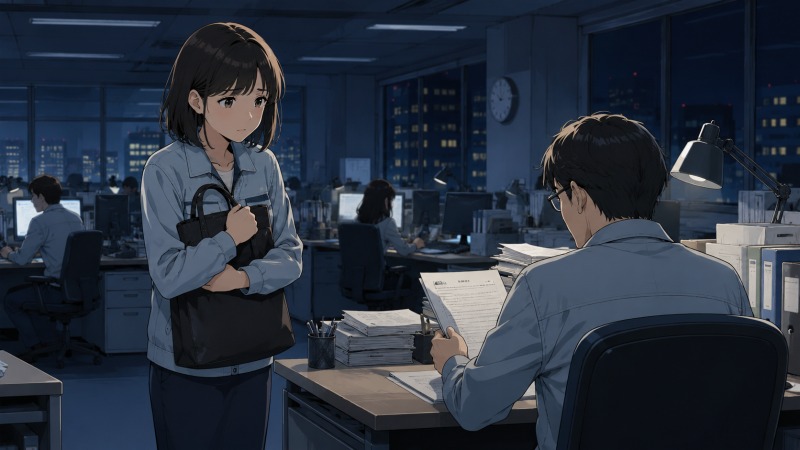 深夜のメーカーオフィスで、上司から冷たく「辞めれば」と言われた20代女性社員が、バッグを抱えながら孤独感とストレスを抱えて立ち尽くしている場面。長時間労働と人間関係に悩み、転職を決意した瞬間を表現したイラスト。