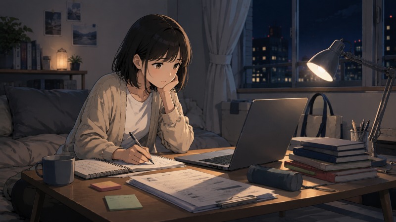 夜の一人暮らしの部屋で、20代女性がノートパソコンを使って履歴書を作成し、未経験からアプリ開発プログラマーへの転職活動を進めている様子。不安を抱えながらも新しいキャリアへ挑戦しようとしているイラスト。