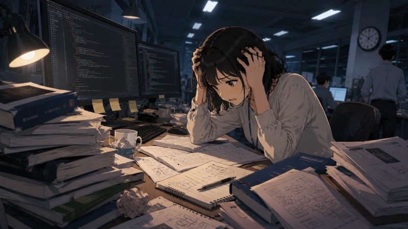 未経験でIT企業へ転職した女性プログラマーが、深夜のオフィスで大量の技術書やコード画面に囲まれながら頭を抱えて苦悩している様子。教育不足や放置された環境に苦しむ、転職後の厳しい現実を描いたイラスト。