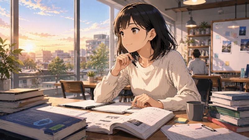 朝日が差し込むカフェで、20代女性がCAD資格の教材を広げながら前向きに勉強している様子。転職経験の失敗を振り返り、次こそ長く働ける職場を目指してスキルアップに取り組む姿を描いたイラスト。