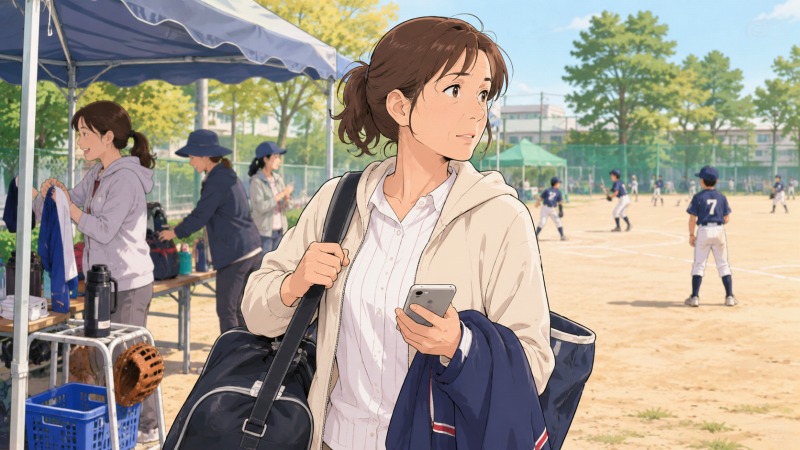 小学生の息子の野球試合を手伝う49歳の母親が、スポーツバッグとスマートフォンを持ちながら校庭を忙しそうに移動している。子育てと医療事務のパート勤務を両立しながら奔走していた40代女性の転職前の日常を描いたイラスト。