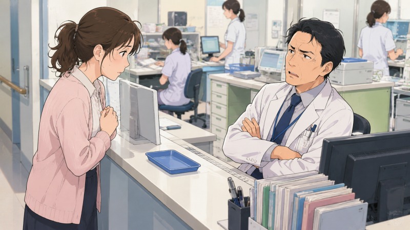 忙しい病院の受付カウンターで、休みを相談しようとして萎縮する医療事務の女性。険しい表情の医師を前に緊張しながら立つ姿から、子どもの部活と仕事の板挟みに悩む40代パート女性のストレスが伝わる転職体験イラスト。