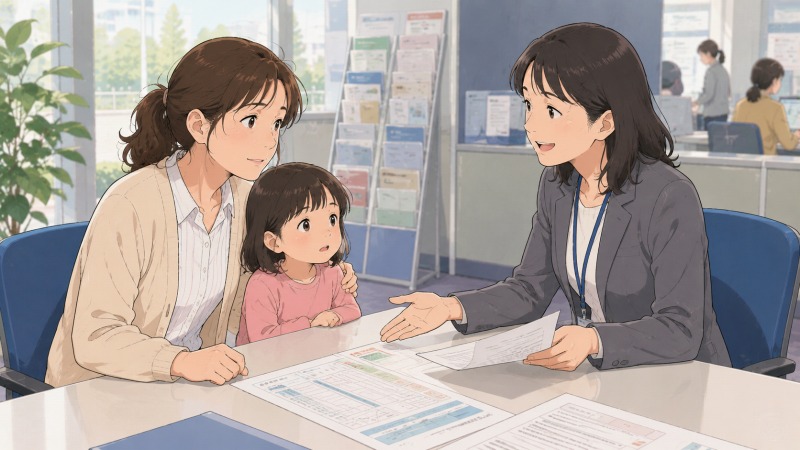 ハローワークの相談ブースで、小さな娘を隣に座らせながら担当職員の説明を真剣に聞く女性。40代女性の転職活動を支えたハローワークのサポートと、子育て中の再就職の不安や安心感を表現したイラスト。