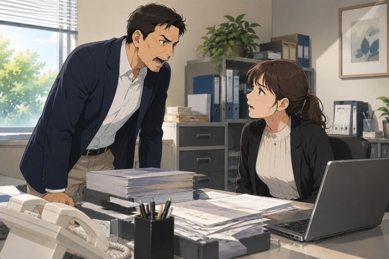 大量の書類が積まれた事務所で、感情的な社長と向き合いながら言い返そうとする女性事務員。プレッシャーに押されつつも必死に対応する姿から、清掃会社への転職後に感じた職場ストレスや人間関係の悩みを描いたイラスト。
