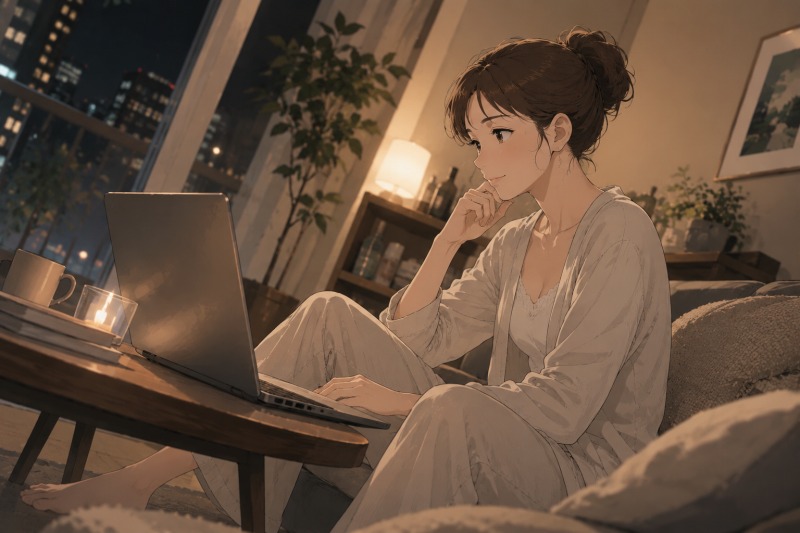 夜の自宅リビングで、風呂上がりの女性が薄手の部屋着姿でノートPCに向かい、Web制作やブログ運営について考えている。転職経験を経て在宅ワークや自分らしい働き方を模索する40代女性の穏やかな時間を描いたイラスト。