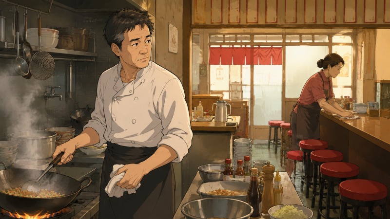 祖父の代から続く町中華の厨房で、50代男性が中華鍋を握りながら不安そうに店内を見つめるシーン。父の入院をきっかけに飲食店を継ぎ、母と二人で店を支える葛藤と責任感を描いた転職前の情景。