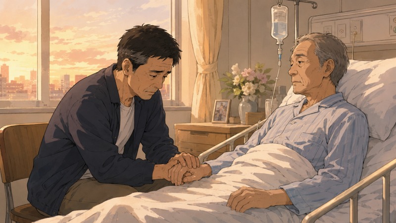 夕暮れの病室で、入院中の父親の手を握りながらうつむく50代男性の姿。三代続いた中華料理店を閉じる決断と、「やりたいようにやれ」という父の言葉を受け止める転職前の重要な場面。