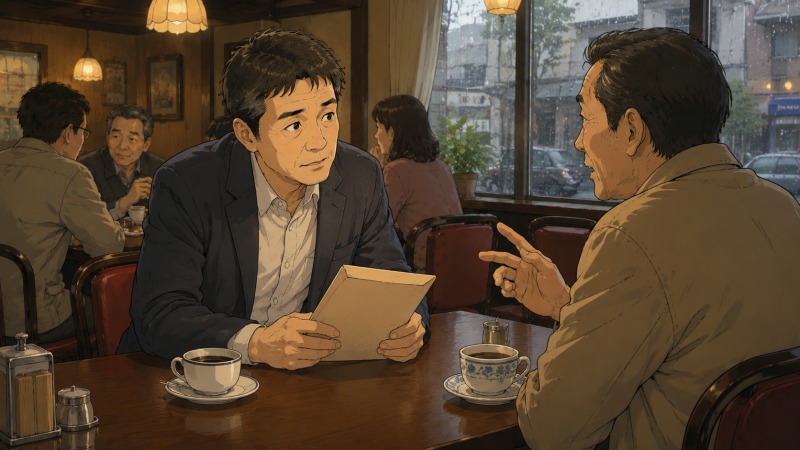 雨上がりの喫茶店で、履歴書入りの封筒を持った40代男性が常連客から求人情報を聞いている様子。中華料理店を閉じた後、口コミを頼りに印刷会社への転職先を探していた再出発のシーン。