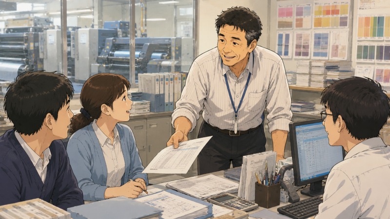 印刷会社の明るいオフィスで、50代男性が若手社員に資料を渡しながら笑顔で会話している場面。飲食店時代に培った接客力とコミュニケーション能力を活かし、経理職として新しい職場に溶け込む転職後の姿。