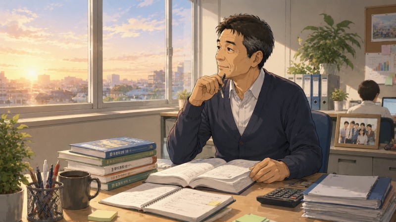 朝日が差し込むオフィスで、資格の参考書を開きながら窓の外を見つめる50代男性。中華料理店を閉じて印刷会社へ転職した経験を振り返り、「後悔しない選択」を胸に学び続ける現在の姿を描いたシーン。