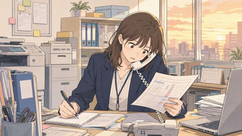 夕方の事務オフィスで、20代女性が電話対応をしながら大量の書類整理とメモ作業に追われているイラスト。秘書兼総務人事として働く彼女は、人に認められたい気持ちを支えに懸命に働いているが、不安そうに周囲を気にする表情から繊細な性格もうかがえる。転職前の忙しく張り詰めた日常を描いたシーン。