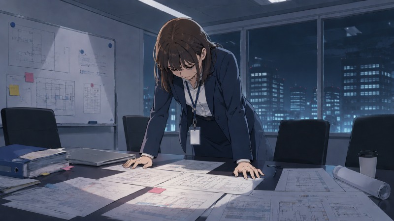 深夜の会議室で、20代女性がオフィス移転の図面や資料が広がる机に両手をつき、疲れ切った表情で立ち尽くしているイラスト。未経験の人事総務・秘書業務を任され、周囲に相談できず孤立していく中、「無能レッテル」を貼られ精神的に追い詰められていく転職直前の場面を描いている。