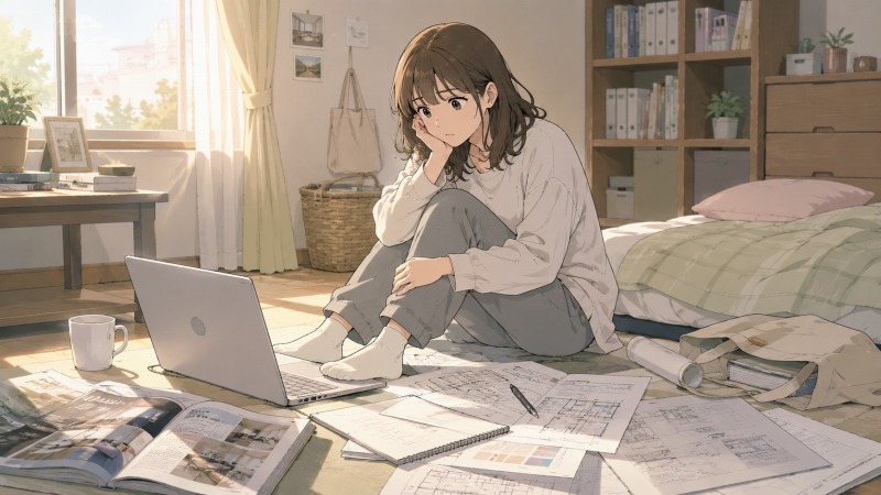 昼下がりの自室で、20代女性が床に座り込み、ノートPCで建築系求人を見つめながら将来について悩んでいるイラスト。部屋には建築雑誌や図面、メモ帳が散らばり、「手に職を付けたい」と未経験から設計・インテリア業界への転職を模索している様子が表現されている。不安と希望が入り混じる転職活動中のシーン。