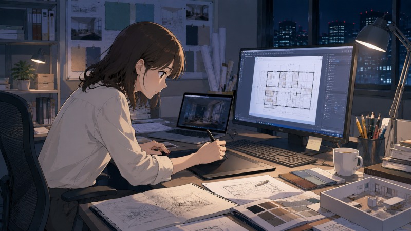 夜の建築デザイン事務所で、20代女性が大型モニターに映るCAD図面を見ながら、ペンタブレットでレイアウト制作に集中しているイラスト。未経験からインテリアコーディネーターへ転職し、CADや建築知識を必死に学びながら努力を重ねる姿を描いている。苦労しながらも仕事へのやりがいを感じ始めた成長途中の場面。