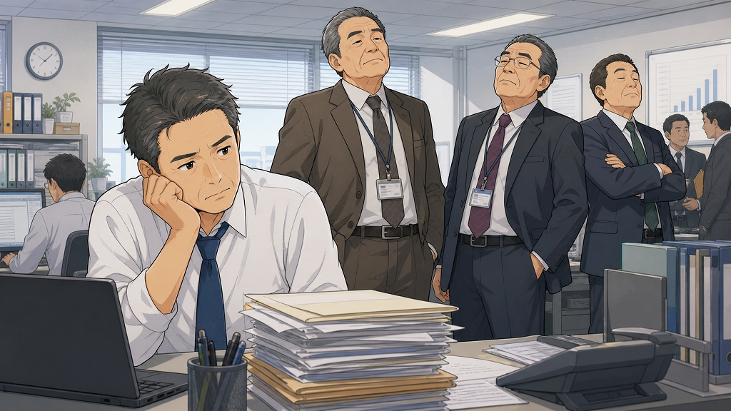 業績悪化した物流会社のオフィスで、親会社から来た年配の管理職たちがフロアに増え、45歳の企画管理職の男性が理不尽な要求や職場の圧迫感に悩みながら転職を意識し始める場面。冷たい空気と人間関係のストレスが伝わる転職体験談のイラスト。
