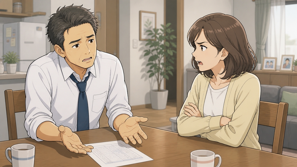自宅のダイニングで、45歳の男性が妻に転職したい気持ちを打ち明けるが、妻は腕を組んで厳しい表情で反対している場面。家族を抱える40代男性の転職不安、収入への心配、夫婦間の葛藤が伝わる転職体験談のイラスト。