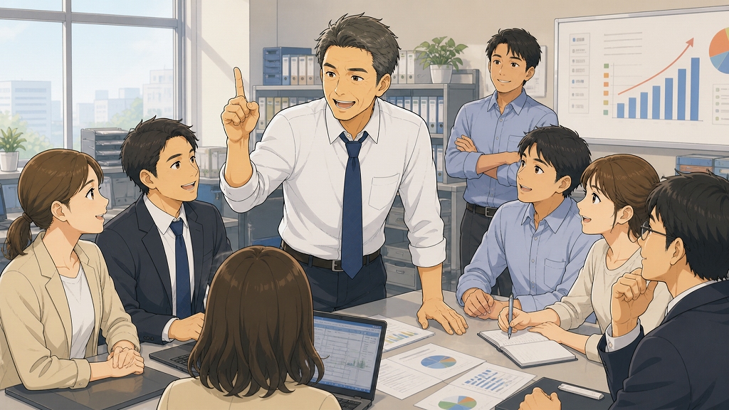 新しい職場で所長となった48歳の男性が、明るい会議室で所員たちに前向きな目標を語り、チーム全員で売上向上を目指している場面。働きやすい環境づくり、人材育成、やりがいのある仕事の構築に取り組む40代転職成功後のキャリアアップを描いたイラスト。