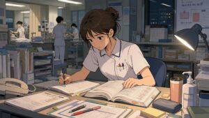 総合病院で長時間勤務を終えた若い女性看護師が、夜のナースステーションで疲れた表情を浮かべながら患者情報の確認と翌日の処置の予習復習に追われている転職体験談のイラスト。