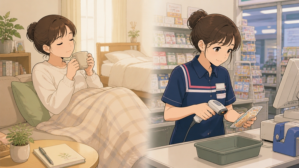 総合病院を退職した若い女性が、自宅で身体を休めながら生活を整え、午前中だけコンビニで短時間アルバイトをして少しずつ回復している転職体験談のイラスト。
