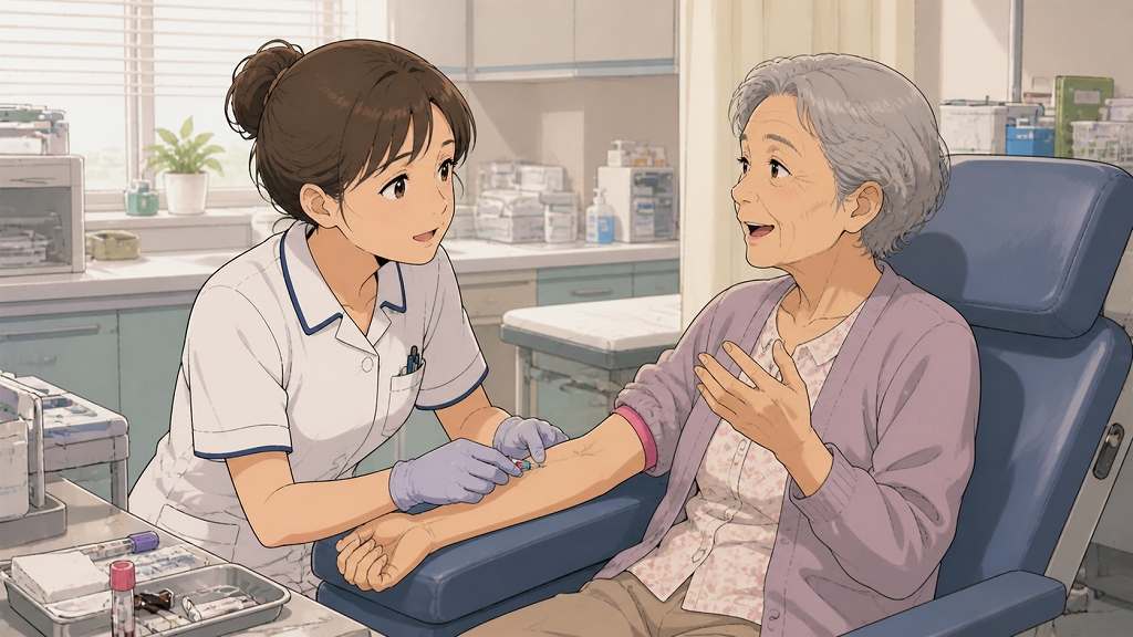 地域のクリニックで若い女性看護師が採血をしながら高齢の女性患者の話に笑顔で耳を傾け、患者が日常の出来事を嬉しそうに語って安心している転職体験談のイラスト。