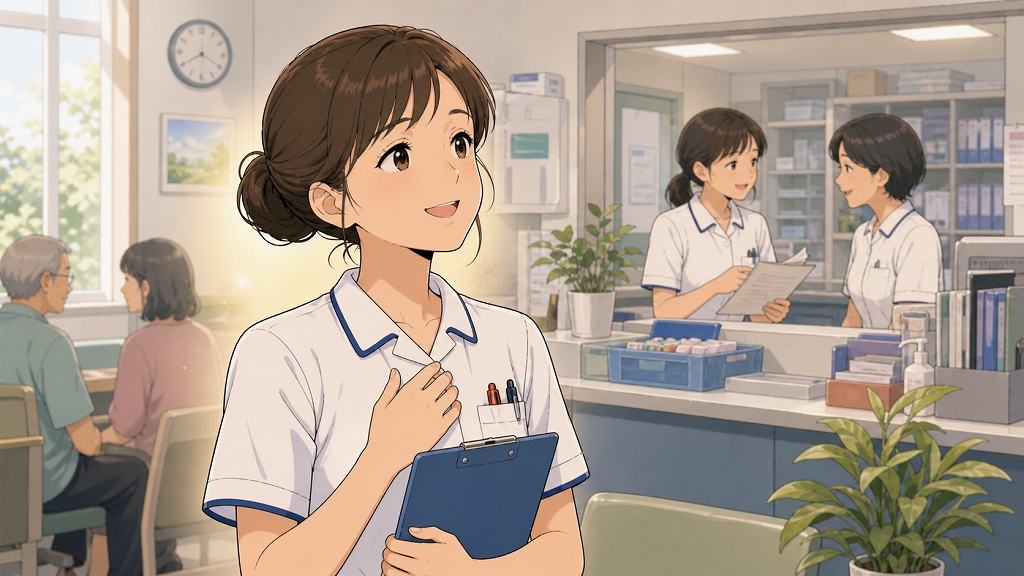 地域のクリニックで若い女性看護師が明るい表情で胸に手を当て、患者さんの力になりたいという想いと自分に合った働き方を取り戻した喜びを感じている転職体験談のイラスト。