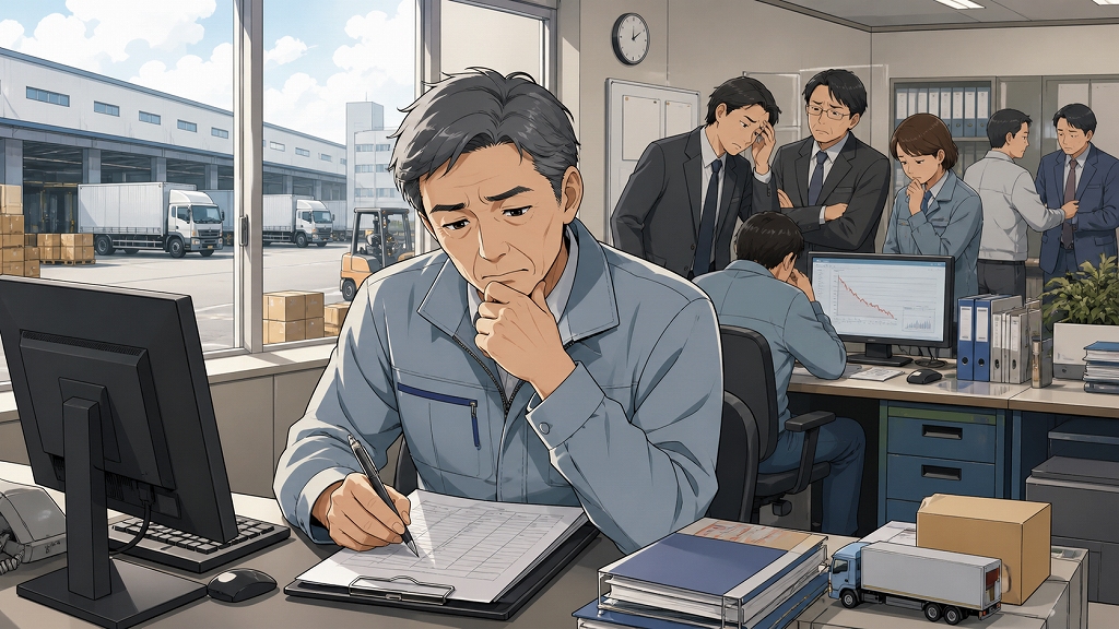 製造業の物流管理オフィスで、55歳の男性社員がリストラの不安を抱えながら書類に向き合う場面。窓の外には倉庫やトラックが見え、背景では業績悪化を示す資料を前に同僚たちが沈んだ表情で話し合っている。